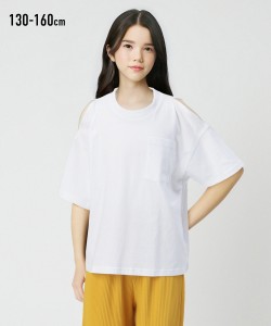 Tシャツ カットソー キッズ 綿100％ 肩開き 女の子 子供服 ジュニア服 オフホワイト/ダークグリーン 身長130cm ニッセン nissen