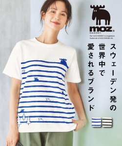 Tシャツ カットソー レディース moz モズ パネルボーダー プリント 綿100％ ブルー系/黒系 S/M/L/LL ニッセン nissen