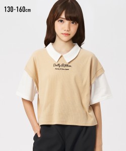 Tシャツ カットソー キッズ 衿付き 女の子 子供服 ジュニア服 ベージュ/黒 身長130cm ニッセン nissen