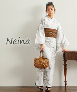 浴衣 レディース Neina 花柄変織ゆかたセット ボタニカル ゆかた＋へこ帯 クリーム系×ブラウン ニッセン nissen