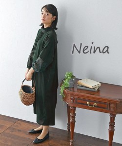 ドレス ワンピース レディース 結婚式 パーティー Neina バック シャン デザイン 袖 レース 有 グリーン/黒 M/L ニッセン nissen