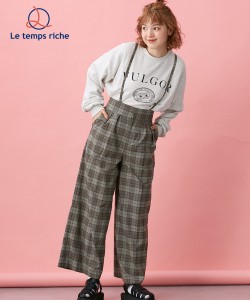 パンツ ワイド レディース 2WAYサスペンダー付きチェックワイド Le temps riche グリーン/マスタード M/L ニッセン nissen