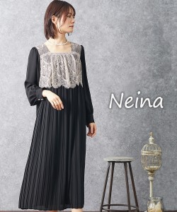 パーティドレス ワンピース レディース 結婚式 パーティー ドレス フロント レース ダブル プリーツ 有 〔Neina〕  二次会 披露宴 お呼ば