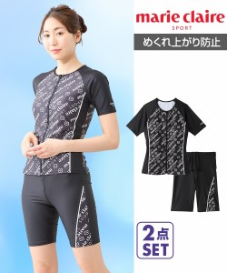 marie claire SPORT 水着 フィットネス 競泳 レディース 全開ジップ袖付き タンキニ 2点セット  水泳 トレーニング 運動 ジム M/L/LL/3L 