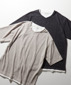 Tシャツ カットソー メンズ 重ね着風オルテガジャガード 半袖 WネックTシャツ  トップス M/L/LL ニッセン nissen