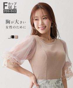 Tシャツ カットソー レディース 大きい胸専用 シアーラメテレコ デザイン スリーブ プルオーバー M/L ニッセン nissen