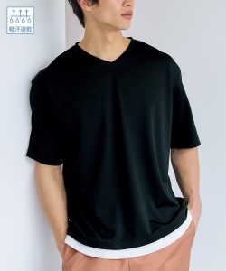 Tシャツ カットソー メンズ 吸汗速乾 メッシュオーバーサイズ重ね着風 Vネック 夏  トップス M/L/LL ニッセン nissen