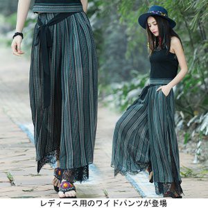 シフォン ワイドパンツ レディース ストライプ柄 レース キュロットスカート エスニック柄 女性用 薄手 ボトムス 夏物 ガウチ