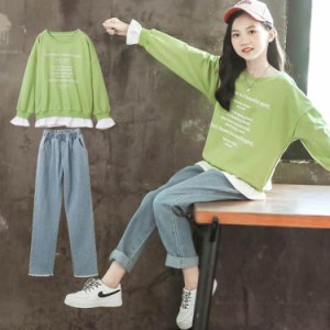 子供服 セットアップ キッズ 女の子 長袖 春秋 上下セット 韓国子供服 ジュニア Tシャツ 長ズボン デニム カジュアル 可愛い おしゃれ 小