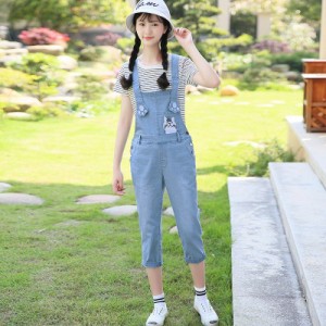 サロペット デニムパンツ ジーパン オーバーオール レディース デニムサロペット ズボン 夏服 オールインワン 猫柄 通学 カジュアル