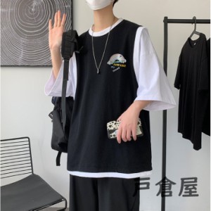 7分袖 tシャツ メンズ 無地 ロゴT Tシャツ 重ね着風 おしゃれ アメカジ 五分袖Tシャツ 夏服 個性 父の日半袖 英字 カジュアル 配いろ 丸