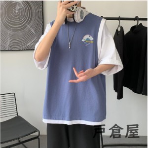 7分袖 tシャツ メンズ 無地 ロゴT Tシャツ 重ね着風 おしゃれ アメカジ 五分袖Tシャツ 夏服 個性 父の日半袖 英字 カジュアル 配いろ 丸