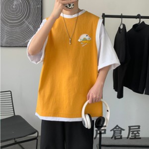 7分袖 tシャツ メンズ 無地 ロゴT Tシャツ 重ね着風 おしゃれ アメカジ 五分袖Tシャツ 夏服 個性 父の日半袖 英字 カジュアル 配いろ 丸