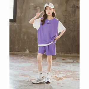 子供服 セットアップ 女の子 半袖 夏 2点セット Tシャツ 短パン ヒップホップ 韓国子供服 キッズ 可愛い おしゃれ 小学生 通学着 新品 13