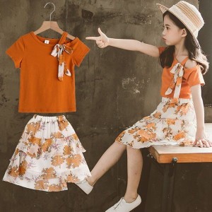 子供服 セットアップ キッズ 女の子 春夏 半袖 2点セット 上下セット Tシャツ 肩出し リボン スカート 花柄 ジュニア おしゃれ カジュア