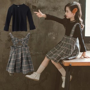 子供服 セットアップ 女の子 キッズ 長袖 春秋 秋着 上下セット 2点セット 韓国子供服 ジュニア スカート チェック柄 サロペット 蝶結び 