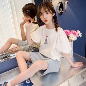 子供服 女の子 袖 セットアップ 上下セット キッズ 2点セット白 Tシャツ ジーパン スポーツウェア シンプル トレーナー ガールズおしゃれ