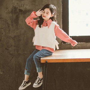 子供服 セットアップ キッズ 女の子 長袖 春秋 3点セット ブラウス シャツ ベスト デニムパンツ ロングパンツ 長ズボン おしゃれ 可愛い 