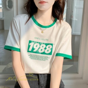 サマーTシャツ レディース 春 夏 2021新作 コーデ カットソー 日常感 プリント レトロ 韓国風 半袖 クルーネック 上品 配色切替 カジュア