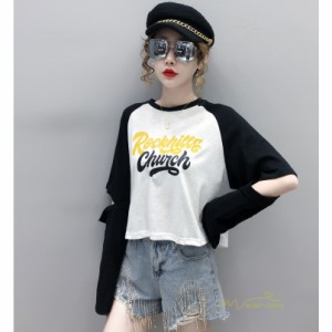 プリントTシャツ レディース バイカラー 長袖Tシャツ 肩だし クルーネック トップス 韓国ファッション フリーサイズ シンブル トレンド 