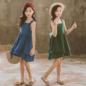 子供服 ワンピース キッズ 子供ドレス dress 韓国子供服 ジュニア 女の子 夏 キャミソール 膝丈 ノースリーブ 無地 カジュアル おしゃれ 