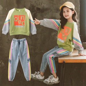 子供服 セットアップ キッズ 女の子 春秋 長袖 2点セット 上下セット Tシャツ デニムパンツ ロングパンツ ジュニア おしゃれ カジュアル 