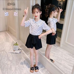 子供服 セットアップ 女の子 夏服 キッズ 上下セット 2点セット シャツ+ショーツ オシャレ 可愛い 普段着 水玉柄 ブラウス ドット柄 デイ