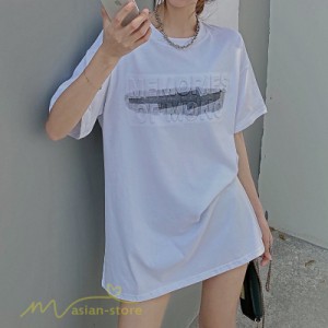 ワイドTシャツ レディース カットソー プリント きれいめ ロング丈 夏服 コーデ 女性 tシャツ Tシャツ ゆったり 半袖 クルーネック カジ