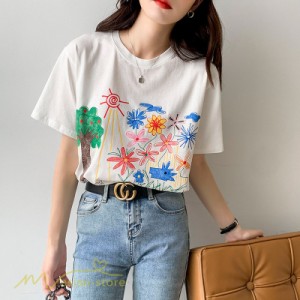 カットソー 着痩せ レディース プリント 夏 可愛い 女性着 ワイドTシャツ ゆったり カジュアル トップス tシャツ Tシャツ 半袖 着回し 細