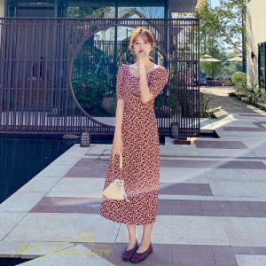 Aラインワンピース レディース Vネック おしゃれ ロング丈 ワンピース 春 夏 ワンピ カジュアル 半袖 レトロ風 夏服 薄手 ロングワンピー