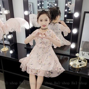 ワンピース 春夏 子供服 女の子 半袖 シフォンワンピース 花柄 チュニック 子供ドレス ジュニア おしゃれ カジュアル 可愛い お姫様 新品