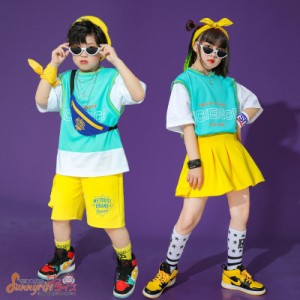 キッズ ダンス衣装 ヒップホップ 子供服 ブルーＴシャツ スカート ショートパンツ 男の子 女の子 ステージ衣装 練習着 演出服 体操服