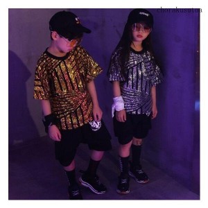 キッズダンス衣装 スパンコール トップス ショートパンツ セットアップ 子供服 ダンスウェア 男女兼用 ジャズ ヒップホップ 演出服