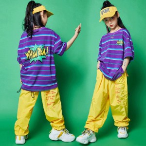 キッズ ダンス衣装 セットアップ ヒップホップ HIPHOP Ｔシャツ 子供服 ズボン トップス パンツ へそ出し 半袖 子供服 女の子 ジャズダン