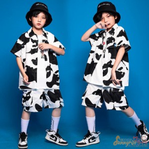 キッズ ダンス衣装 HIPHOP ヒップホップ 子供服 半袖シャツ ダルメシアン柄 白黒 ショートパンツ男の子 女の子 ステージ衣装 練習着 演出