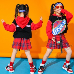 キッズダンス衣装 HIPHOP ヒップホップ 吹奏楽 演出服 スカート パーカー 長袖 フード付き チェック 踊り 団体服 アピール 卒業 レッド 