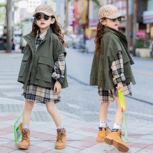 子供服 秋用 冬 女の子 韓国 シャツ ベスト 2点セット ロングシャツ 長袖 ファション チェック柄 トレンド 大人可愛い