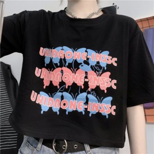 カットソー レディース 半袖 Tシャツ クルーネック プリント ショート丈 ヘソ出し トップス 薄手 ゆったり 女性用 20代30代40代 ダンス 