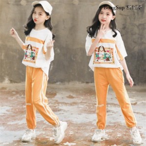 セットアップ 女の子 夏服 Tシャツ+長ズボン Tシャツ オシャレ 子ども服 キッズ 上下セット 110-160cm