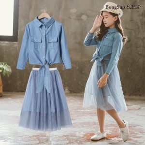 韓国こども服 セットアップ 子供服 上下 2点セット長袖シャツ カジュアル 女の子 可愛いスタイル シンプル シャツ＋スカート