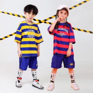 キッズダンス衣装 ヒップホップ 衣装 ダンストップス ボーダー柄 Tシャツ 子ども用 韓国子供服 練習着 レギンス 日常着 スクール体操服 