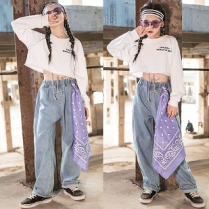 デニムパンツ キッズ ダンス衣装 セットアップ ヒップホップ HIPHOP 長袖 トップス パンツ ズボン 男の子 女の子 子供服 ステージ衣装 練