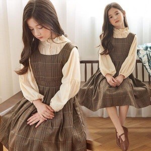 子供服 セットアップ キッズ 女の子 長袖 春秋 上下セット 韓国子供服 ジュニア ブラウス シャツ ワンピース チェック柄 結婚式 カジュア