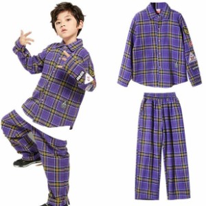 キッズダンス衣装 セットアップ ダンス衣装 キッズ ヒップホップ シャツ ヒップホップダンス衣装 HIPHOP 衣装 ジャケット ズボン チェッ