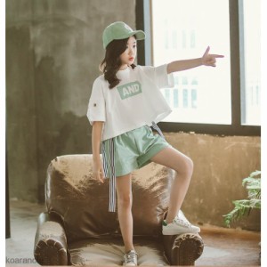 キッズダンス衣装 ヒップホップ HIPHOP セットアップ Tシャツ ショートパンツ 女の子 へそ出し ステージ衣装 子供 ダンス衣装 練習着