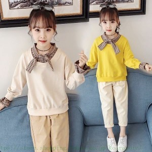 子供服 セットアップ キッズ 女の子 長袖 春秋 上下セット 韓国子供服 トップス ブラウス 丸首 無地 長ズボン インナー 可愛い おしゃれ 