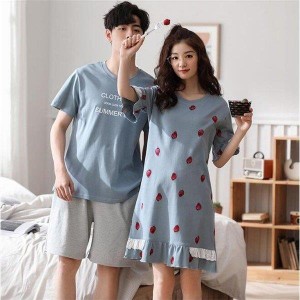 ペア パジャマ ペアルック カップル セットアップ ご夫婦 お揃い 半袖 Tシャツ+パンツ メンズ ワンピース レディース 苺 夏 ペア 服 部屋