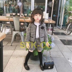 ツイード風ジャケットショートパンツ2点セットセットアップ韓国子供服チェック柄スーツフォーマル秋服通園通学結婚式可愛い