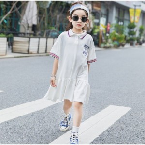 子供服 ワンピース 半袖 春夏 女の子 キッズワンピース ロングTシャツ 折り襟 チュニック 子供ドレス ジュニア おしゃれ 可愛い 涼しい 