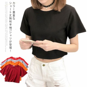 全2タイプ×カラバリ豊富！Tシャツ トップス カットソー ショート丈 ラウンドネック Vネック 無地T ショート丈Tシャツ シンプル ベーシッ